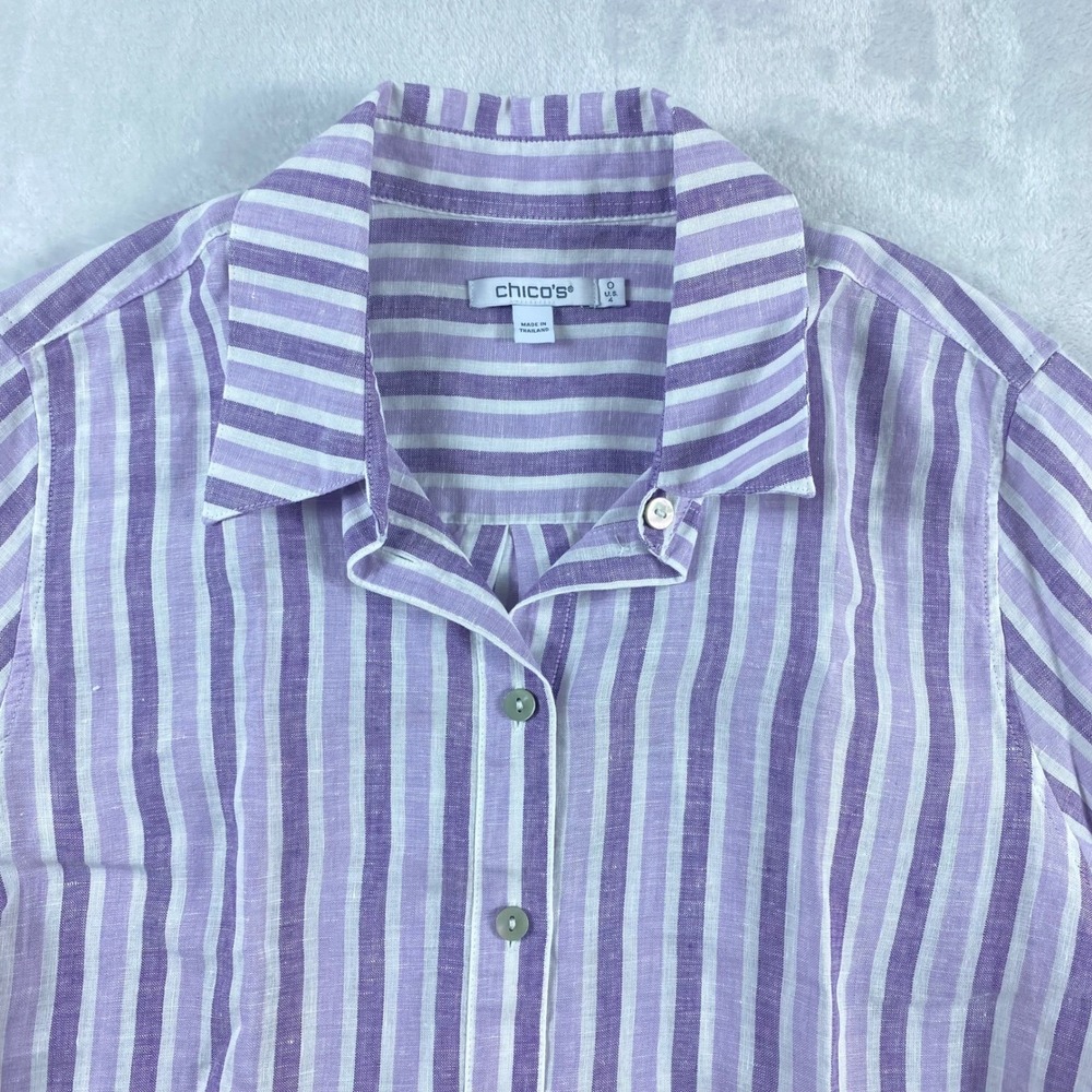 Chico's Top Shirt Women Sz 4 Lilac Striped 100% Linen Coastal 3/4 Sleeve